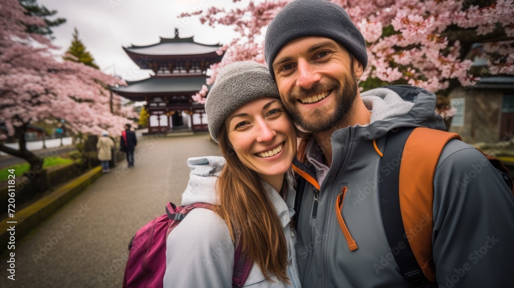 A young couple bearded international travel in Fuji japan landmark smiling and looking camera wide angle lens
