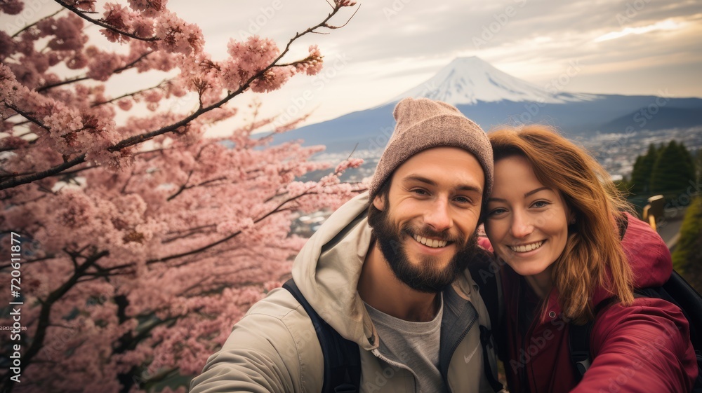 A young couple bearded international travel in Fuji japan landmark smiling and looking camera