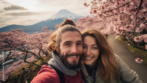 A young couple bearded international travel in Fuji japan landmark smiling and looking camera © bannafarsai