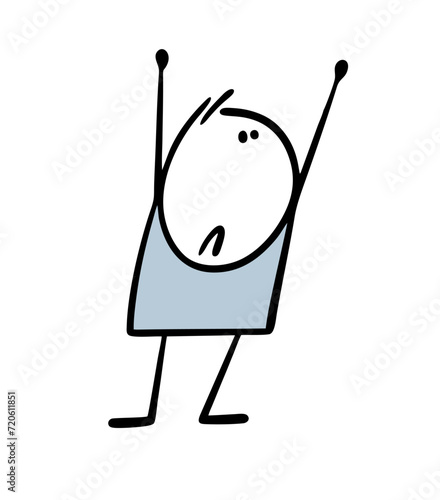 Cartoon frightened stickman raised his hands high. Vector illustration of a weak person. Doodle stick figure man surrenders to the mercy of the enemy. Isolated on white background.