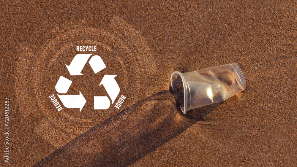 Reduce, reuse, recycle symbol on Plastic cup are left on the beach as ...