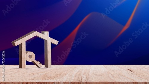 Mockup wooden house and key on wooden table  concept of real estate investment. Planning savings money of coins buy home concept for property  mortgage and real estate investment.