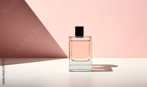 Glass bottle with a dark cap on a monochrome pink background with a play of light and shadow, with copy space