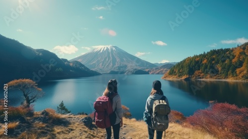 A young friend bearded international travel in Fuji japan landmark with lake photo