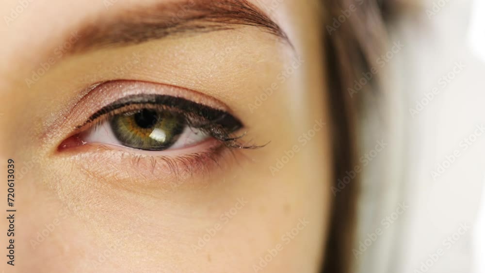 Green eye, makeup and closeup of woman with vision, contact lenses and optometry awareness. Cosmetic, beauty and zoom of female person with eyebrow, natural iris color and eyelashes blinking. Green eye, makeup and closeup of woman with vision, contact lenses and optometry awareness. Cosmetic, beauty and zoom of female person with eyebrow, natural iris color and eyelashes blinking.