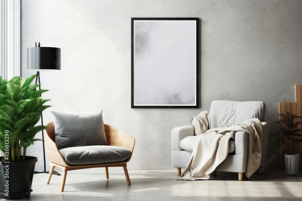 Mockup poster frame on the wall of living room with armchair. apartment background with contemporary design. Modern interior design. Mockup poster frame on the wall of living room with armchair. apartment background with contemporary design. Modern interior design.