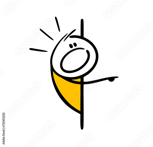 Frightened stickman leans out from around corner, points with his finger and screams loudly. Vector illustration of man in horror, unexpected surprise behind the wall, meeting. Isolated on white.