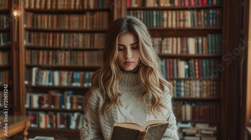 young beautiful woman in the library reading a book