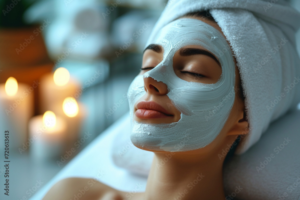  Woman Wearing a Face Mask, Immersed in Relaxation and Pampering at a Spa Beauty Salon.