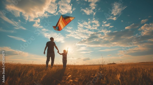 A boy and his dad launch a multi-colored kite into the sky on a field on a sunny summer day