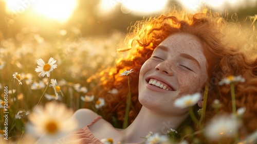 A beautiful young curly red-haired girl with freckles lies on her back and laughs in a summer field photo