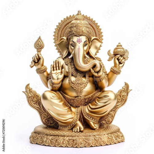 Golden Lord Ganesha Sculpture on White Background