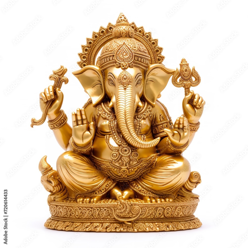 Golden Lord Ganesha Sculpture on White Background