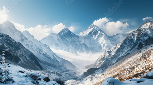 A snowy trek through the Himalayas with towering peaks and a sense of adventure in the remote wilderness.