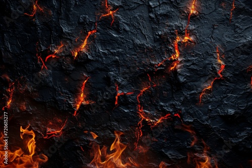 A fiery inferno consumes a cracked black rock, as red flames dance against a nature-filled background of intense heat, evoking images of a cozy fireplace and the mesmerizing power of fire and lava