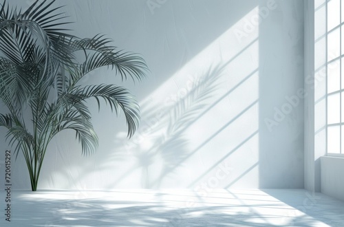 a background of a white room with a silhouette of a tropical tree