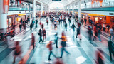 Busy Airport Terminal with Blurred Motion. Abstract colorful light trails emphasizing movement