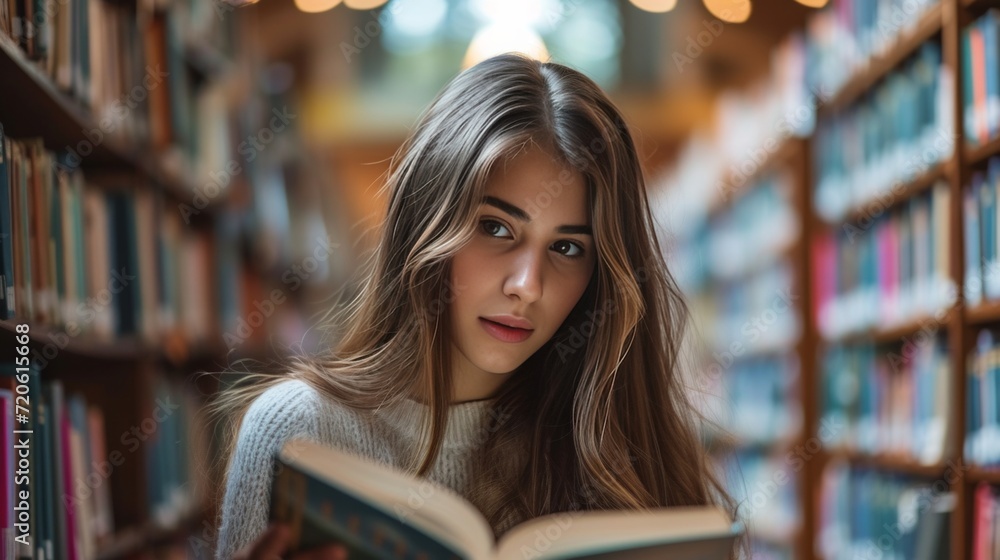 young beautiful woman in the library reading a book young beautiful woman in the library reading a book