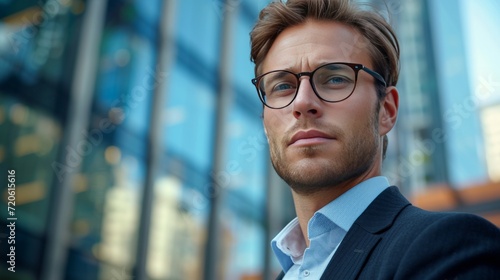 Young serious businessman in glasses looking at the camera against the background of a blurred business center