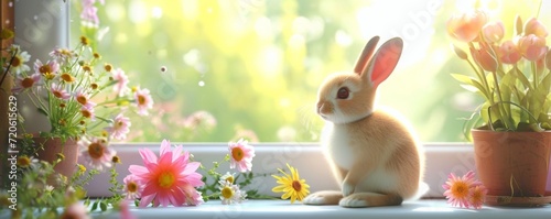 A domestic rabbit enjoys the warmth of the sun while surrounded by blooming flowers, creating a peaceful and picturesque scene for an easter greeting card photo