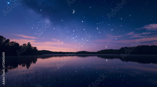A starry night sky over a peaceful lake reflecting the constellations and a crescent moon.