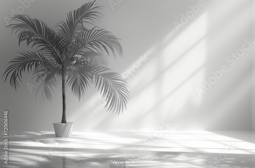 a background of a white room with a silhouette of a tropical tree © ArtCookStudio