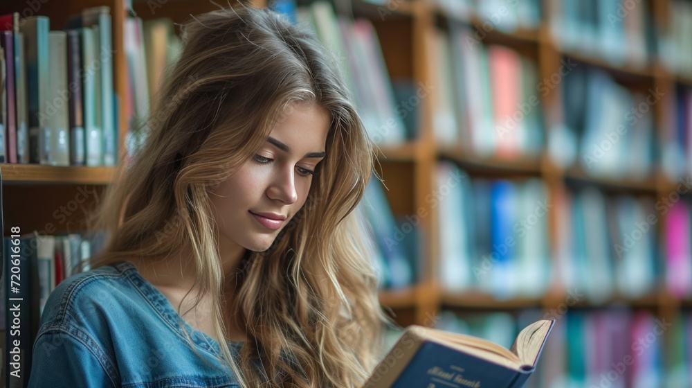 young beautiful woman in the library reading a book young beautiful woman in the library reading a book