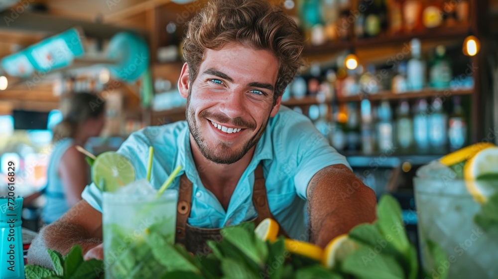 Young handsome bartender preparing mojito at summer beach bar