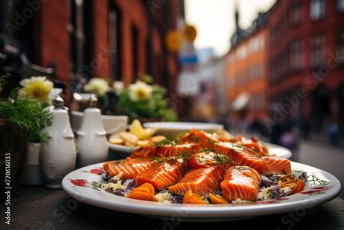 Smoked salmon slices on a plate at an outdoor cafe