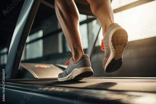 Close up of male feet running on gym treadmill photo