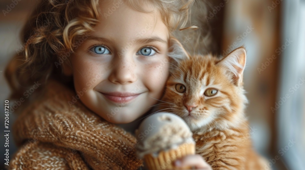 a little girl holding a cat and a cupcake in front of her face with a smile on her face and a big smile on her face on her face. a little girl holding a cat and a cupcake in front of her face with a smile on her face and a big smile on her face on her face.