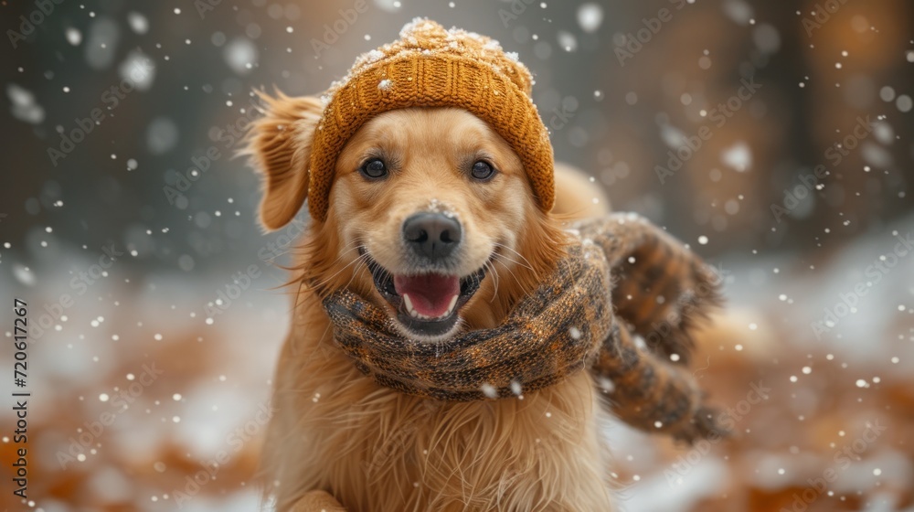  a dog wearing a knitted hat and scarf in the snow with it's mouth open and it's tongue hanging out and it's tongue out.