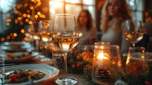  a group of people sitting at a table with glasses of wine and plates of food in front of them and a lit candle in the middle of the middle of the table. © Jevjenijs
