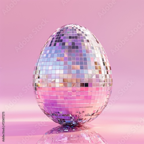 An iridescent disco egg gleams against a vibrant pink canvas, evoking feelings of whimsy and wonder with its spherical shape and reflective surface