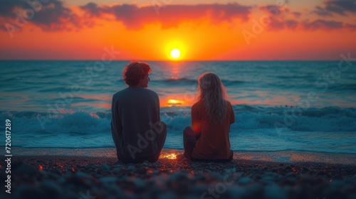  a man and a woman sitting on a beach watching the sun go down over the ocean as the sun sets over the ocean and the water  with a red and orange sky.