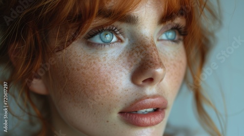  a close up of a woman with freckles on her face and freckles on her face, with blue eyes and freckles on her face.