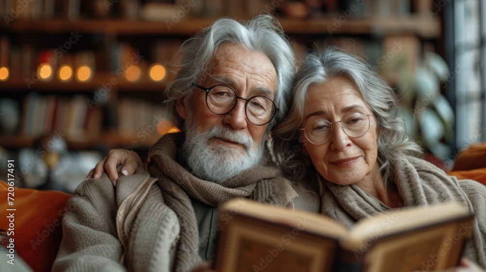 a man and a woman sitting on a couch looking at a book in front of a bookshelf with lights in the back of the room in the background. a man and a woman sitting on a couch looking at a book in front of a bookshelf with lights in the back of the room in the background.