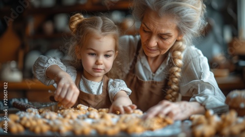  an older woman and a young girl are making cookies at a table with a tray of doughnuts in the foreground and a shelf of cookies in the background.