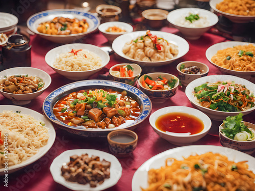 Bowls of assorted Chinese dishes on the table in a restaurant