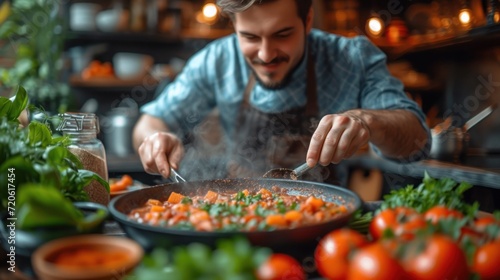  a man cooking food in a frying pan on top of a kitchen counter next to a bunch of vegetables and a jar of sauce on the side of the table.