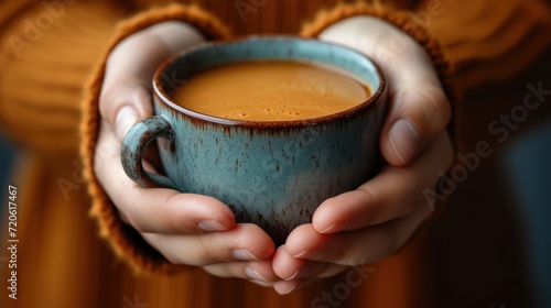  a close up of a person holding a cup of coffee with both hands on the cup and the rest of the cup in front of the cup of the cup.