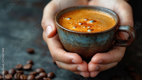  a close up of a person holding a cup of coffee with beans on the side of the cup and a pile of coffee beans on the side of the cup.