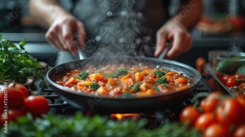  a person cooking food in a wok on a stove with a lot of tomatoes and broccoli on the side of the wok, with steam coming out of the wok.