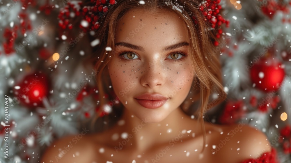 a woman in a red dress standing in front of a christmas tree with snow falling down on her head and a wreath of red berries on her head and snowing. a woman in a red dress standing in front of a christmas tree with snow falling down on her head and a wreath of red berries on her head and snowing.