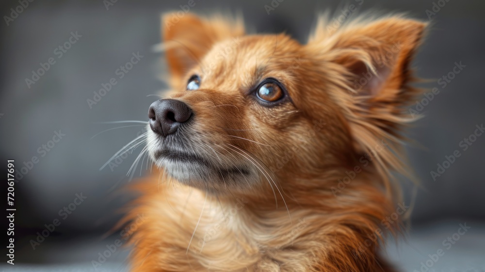  a close up of a dog's face looking off into the distance with a blurry background and a soft focus on the face of the dog's head.