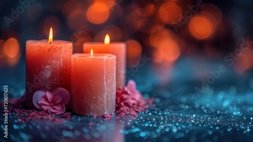  a couple of candles sitting next to each other on top of a blue and pink table cloth with a pink flower on top of it and a blue background with boke.