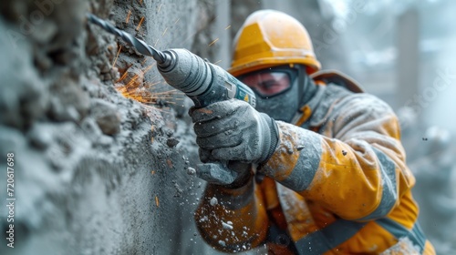 a man in a yellow and gray jacket is working on a wall with a grinder in his hand and a fire extinguisher in the other hand.