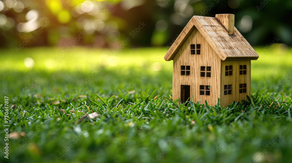 Wooden house model on green grass close to nature Wooden house model on green grass close to nature