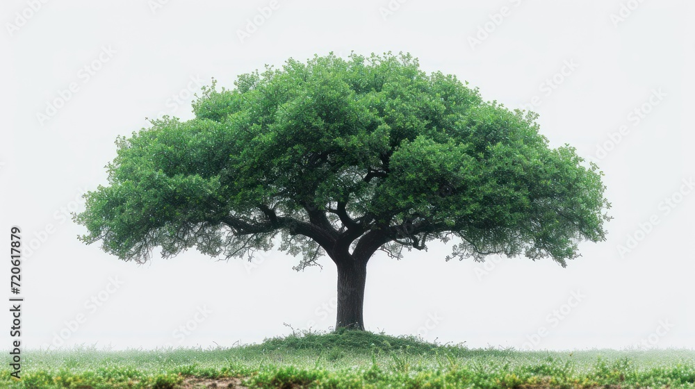 a large green tree sitting on top of a lush green grass covered field in the middle of a foggy, white, and foggy sky above - filled sky. a large green tree sitting on top of a lush green grass covered field in the middle of a foggy, white, and foggy sky above - filled sky.