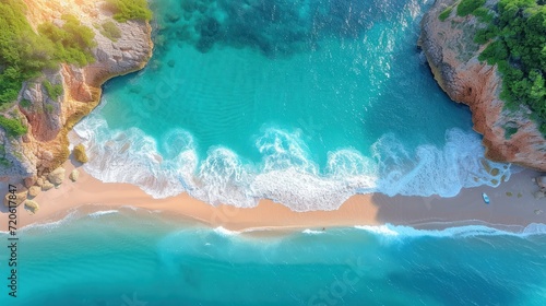  a bird's eye view of a beach with waves crashing on the shore and a cliff on the other side of the beach and a body of water in the foreground.
